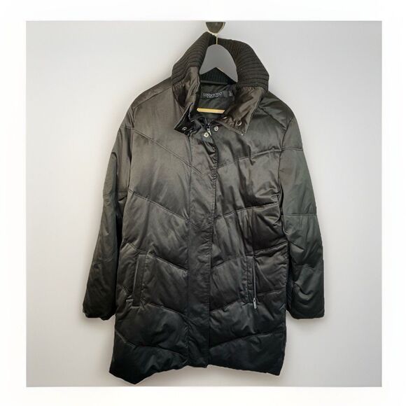 London Fog Parka Long Coat Knit Sweater Collar Black Down Filled Puffer Size L - Picture 1 of 11